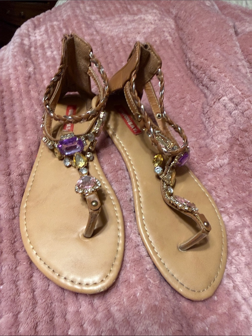 UNIONBAY Tan Jeweled T-Strap Sandals with Purple & Yellow Gems